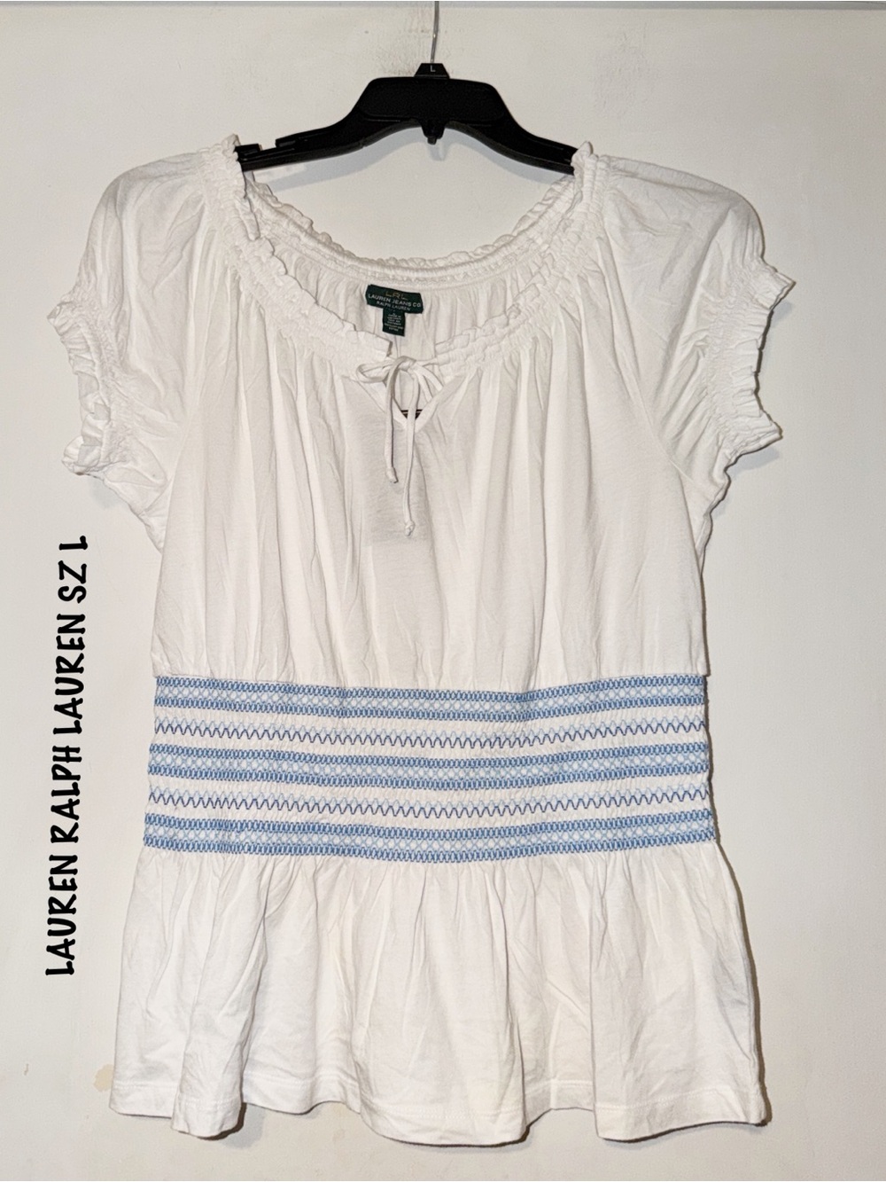 Lauren Ralph Lauren White Short Sleeve Peasant Top with Blue Smocked Waist NWT